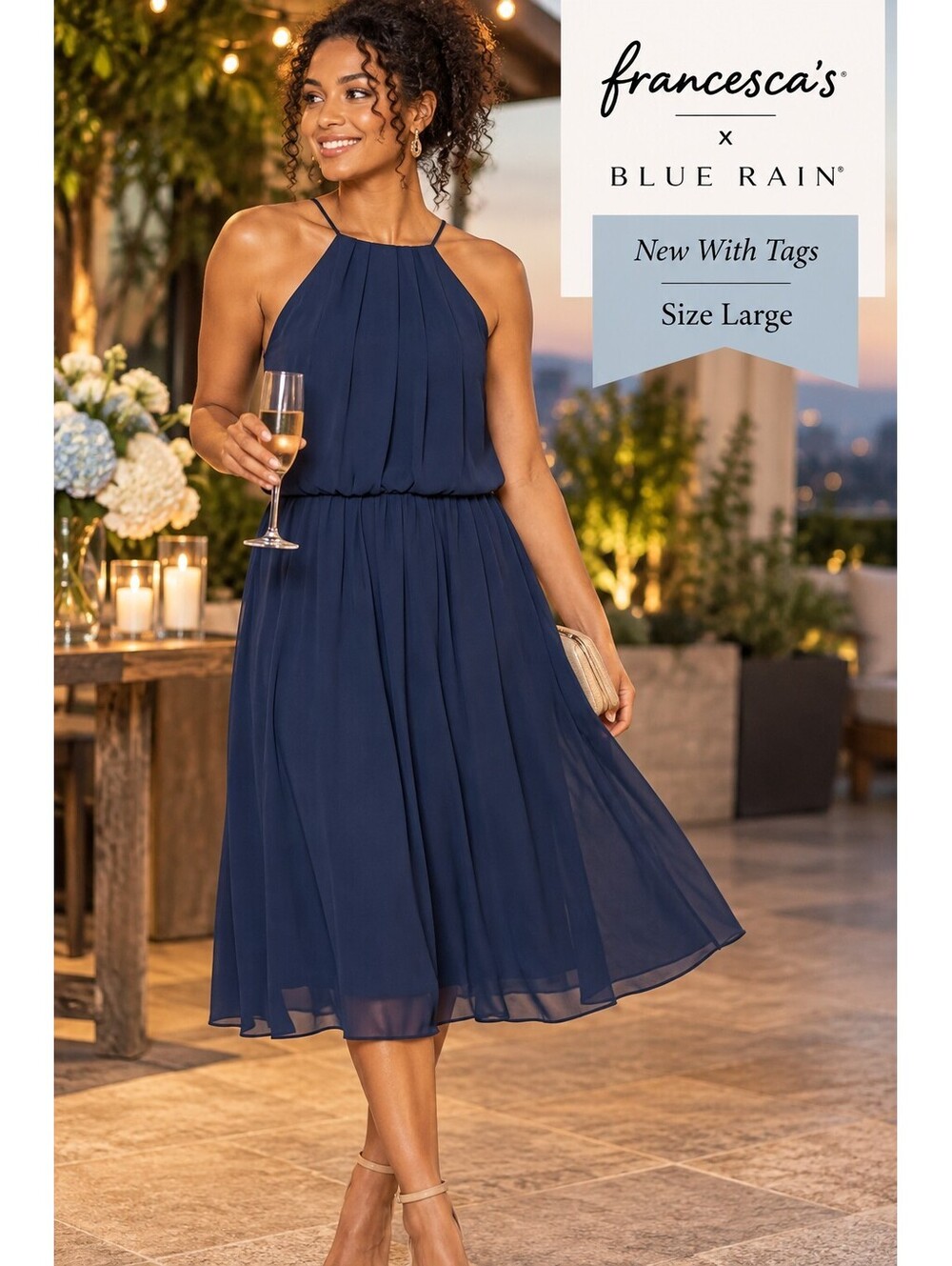 New With Tags | Francesca's x Blue Rain | Sz L | NWT Navy Chiffon Halter Dress